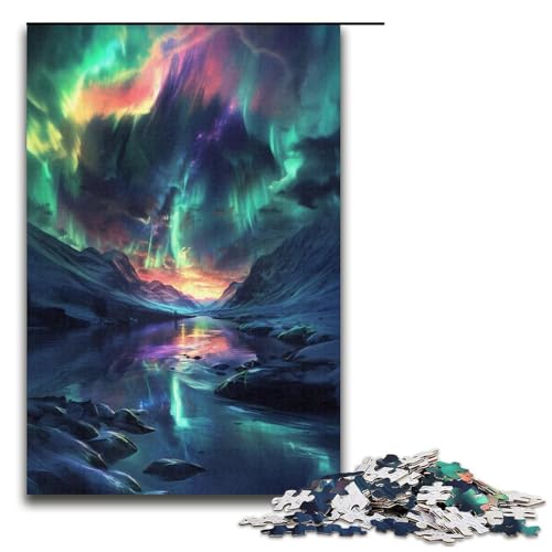 Puzzle für Erwachsene, 1000 Teile, Aurora Borealis über Schnee, Puzzle mit passendem Poster und Quizblatt, geeignet für Kinder und Jugendliche ab 14 Jahren (Größe 38 x 26 cm) von LLONGKT