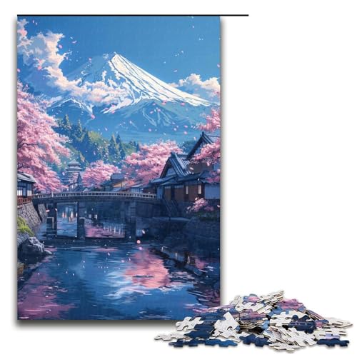 Puzzle für Erwachsene, 1000 Teile, Berg Fuji und Kirschblüte, anspruchsvolles Spiel mit passendem Poster und Quizblatt (Größe 50 x 75 cm) von LLONGKT