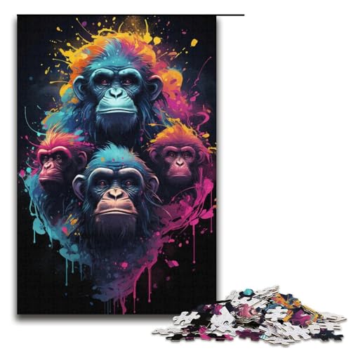Puzzle für Erwachsene, 1000 Teile, Bunte Zeichnung Einer Affenfamilie, Puzzle-Trick, Herausforderung für die Gehirnintelligenz, süchtig machendes Spielzeug (Größe 38 x 26 cm) von LLONGKT