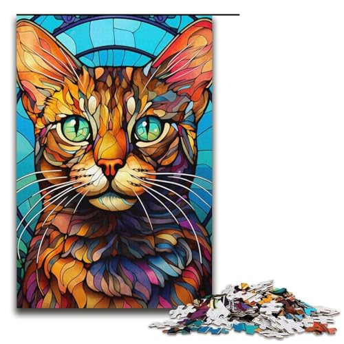 Puzzle für Erwachsene, 1000 Teile, Buntglas-Katzenspielzeug, Denkspiel, einzigartiges Herausforderungsspiel, Größe 38 x 26 cm von LLONGKT