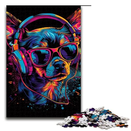 Puzzle für Erwachsene, 1000 Teile, Chihuahua DJ Neon, Puzzle mit passendem Poster und Quizblatt, geeignet für Kinder und Jugendliche ab 14 Jahren (Größe 50 x 75 cm) von LLONGKT