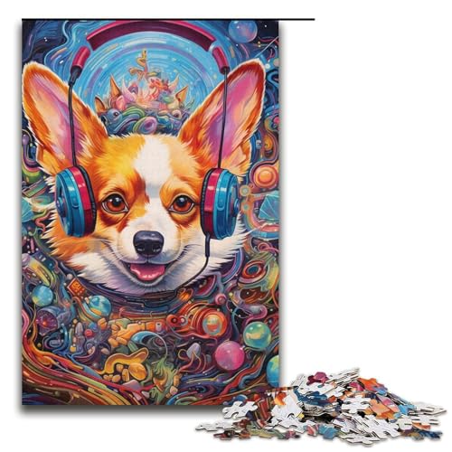 Puzzle für Erwachsene, 1000 Teile, Corgi-Kopfhörer-Puzzle – anspruchsvolles Spiel, einzigartiges Herausforderungsspiel, Größe 38 x 26 cm von LLONGKT