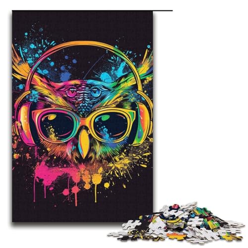 Puzzle für Erwachsene, 1000 Teile, Eule mit Sonnenbrille, Puzzle für Karton, Lernspiel, Herausforderungsspielzeug (Größe 38 x 26 cm) von LLONGKT