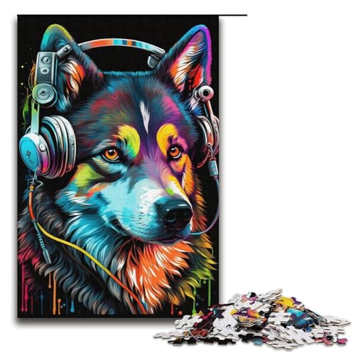 Puzzle für Erwachsene, 1000 Teile, Husky-Kopfhörer, Puzzle aus Pappe, Familiendekoration, Größe 38 x 26 cm von LLONGKT