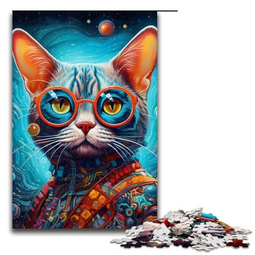 Puzzle für Erwachsene, 1000 Teile, Katze mit Brille, Eltern-Kind-Interaktion, geeignet für Jugendliche ab 14 Jahren von LLONGKT