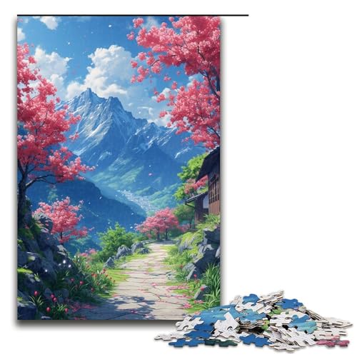 Puzzle für Erwachsene, 1000 Teile, Kirschblüten und Berge, Puzzle mit passendem Poster und Quizblatt, geeignet für Kinder und Jugendliche ab 14 Jahren (Größe 50 x 75 cm) von LLONGKT
