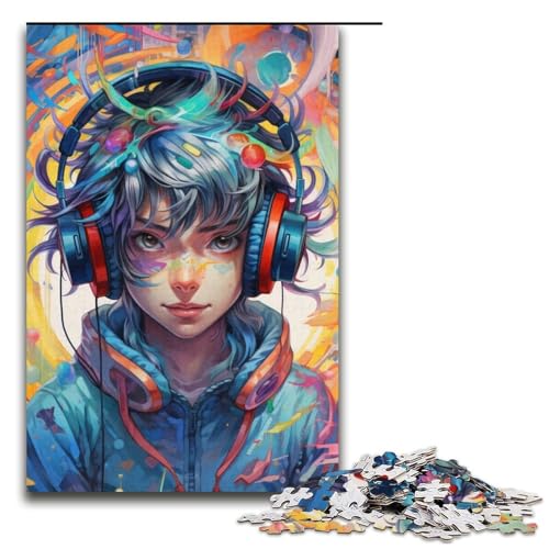 Puzzle für Erwachsene, 1000 Teile, Kopfhörer, Anime-Junge, Entspannungsspiele mit passendem Poster und Quizblatt, Größe 38 x 26 cm von LLONGKT