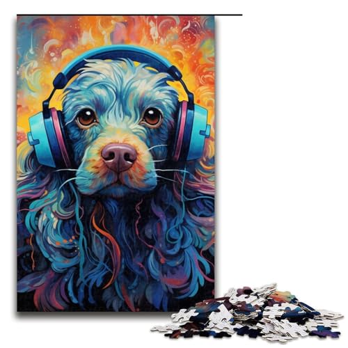 Puzzle für Erwachsene, 1000 Teile, Kopfhörer, Hund, Schnittpuzzle mit passendem Poster und Quizblatt, Größe 50 x 75 cm von LLONGKT