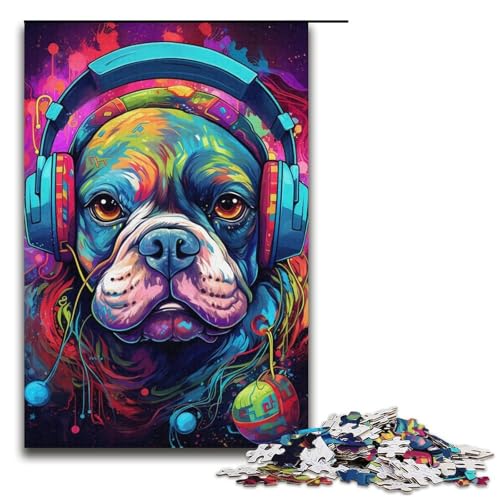 Puzzle für Erwachsene, 1000 Teile, Kopfhörer-Bulldogge, Puzzle aus Karton, Familiendekoration, Größe 38 x 26 cm von LLONGKT