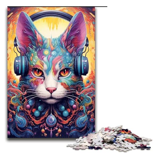 Puzzle für Erwachsene, 1000 Teile, Kopfhörer-Katzen-Puzzle, Geschenke für Erwachsene, Größe 50 x 75 cm von LLONGKT