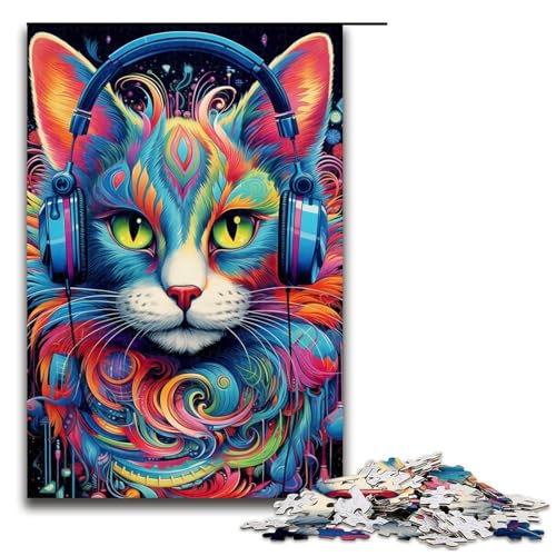 Puzzle für Erwachsene, 1000 Teile, Kopfhörer-Katzen-Puzzle, Holzpuzzle, Familiendekoration, Größe 50 x 75 cm von LLONGKT