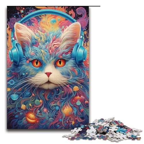 Puzzle für Erwachsene, 1000 Teile, Kopfhörer-Katzen-Puzzle – anspruchsvolles Spiel, einzigartiges Herausforderungsspiel, Größe 38 x 26 cm von LLONGKT