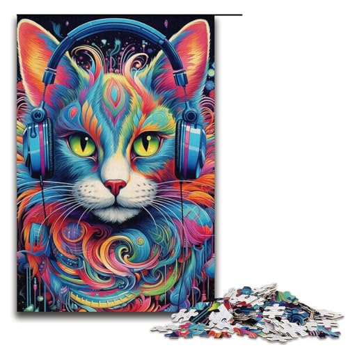 Puzzle für Erwachsene, 1000 Teile, Kopfhörer-Katzen-Puzzle – anspruchsvolles Spiel, einzigartiges Herausforderungsspiel, Größe 38 x 26 cm von LLONGKT