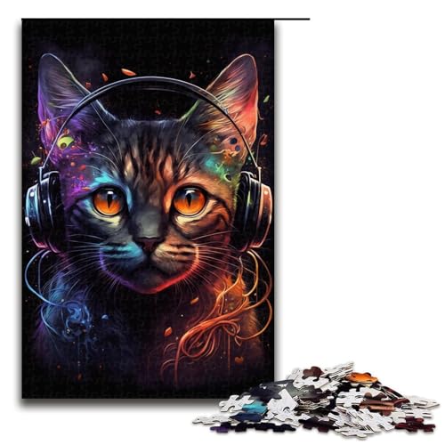 Puzzle für Erwachsene, 1000 Teile, Kopfhörer-Katzen-Puzzle für Erwachsene, Holzpuzzle, anspruchsvolles Spiel, Größe 50 x 75 cm von LLONGKT