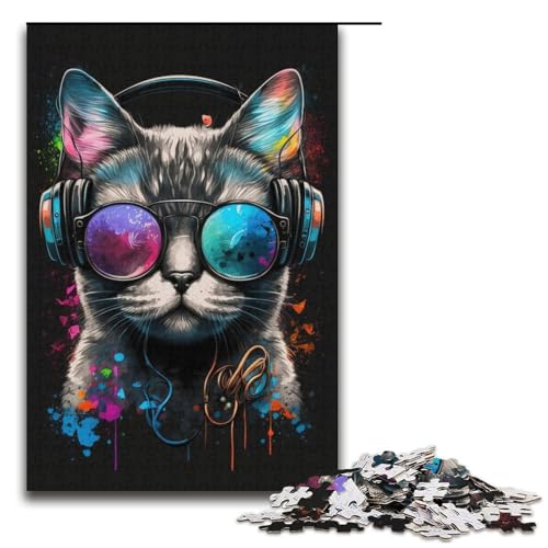 Puzzle für Erwachsene, 1000 Teile, Kopfhörer-Katzen-Puzzle für Lernspiele, Herausforderungsspielzeug, als Geschenk für die ganze Familie (Größe 38 x 26 cm) von LLONGKT