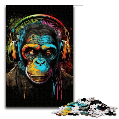 Puzzle für Erwachsene, 1000 Teile, Kopfhörer-Schimpansen-Puzzle – anspruchsvolles Spiel, Größe 50 x 75 cm von LLONGKT