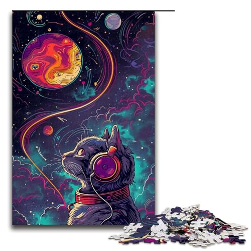 Puzzle für Erwachsene, 1000 Teile, Musik-Astronauten-Katzen-Puzzle, anspruchsvolles Spiel mit passendem Poster und Quizblatt (Größe 50 x 75 cm) von LLONGKT