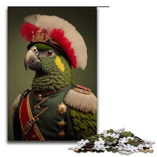 Puzzle für Erwachsene, 1000 Teile, Papagei in Militäruniform, Puzzle mit passendem Poster und Quizblatt, geeignet für Erwachsene und Jugendliche ab 14 Jahren, Größe 50 x 75 cm von LLONGKT