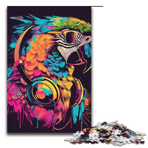 Puzzle für Erwachsene, 1000 Teile, Papagei mit Sonnenbrille, anspruchsvolles Puzzlespiel mit passendem Poster und Quizblatt (Größe 38 x 26 cm) von LLONGKT