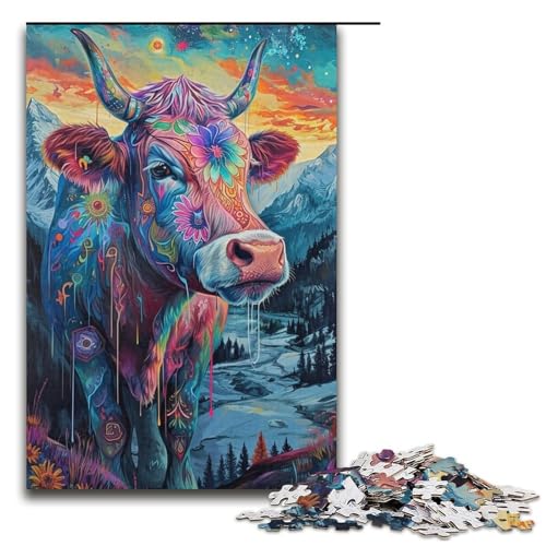 Puzzle für Erwachsene, 1000 Teile, Sigpsychedelische Kuh in den Bergen, Puzzle für Lernspiele, Herausforderungsspielzeug, gutes Geschenk (Größe 38 x 26 cm) von LLONGKT