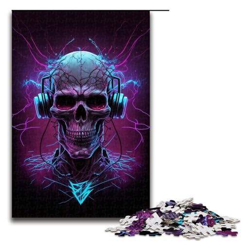 Puzzle für Erwachsene, 1000 Teile, Totenkopf-Kopfhörer-Puzzle mit passendem Poster und Quizblatt, geeignet für Kinder und Jugendliche ab 14 Jahren, Größe 50 x 75 cm von LLONGKT