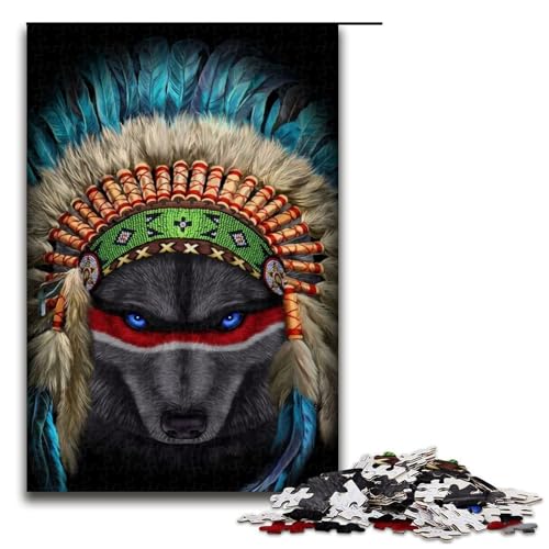 Puzzle für Erwachsene, Indianer-Kriegshäuptling, Wolf, Puzzle 1000 Teile, Holzpuzzle für Erwachsene, Größe 50 x 75 cm von LLONGKT