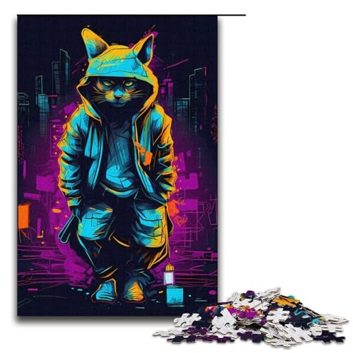 Puzzle für Erwachsene, Katze, Neon-Kunst, 1000 Teile, Papppuzzle für Erwachsene, Größe 38 x 26 cm von LLONGKT