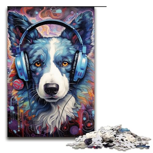 Puzzle für Erwachsene mit 1000 Teilen, Border-Collie-Kopfhörer, schwieriges Puzzle, ganze Familie, Größe 50 x 75 cm von LLONGKT