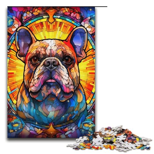 Puzzle für Erwachsene mit 1000 Teilen, Buntglas-Bulldogge, Denkspiel, Herausforderung für die Gehirnintelligenz, süchtig machendes Spielzeug, Größe 38 x 26 cm von LLONGKT