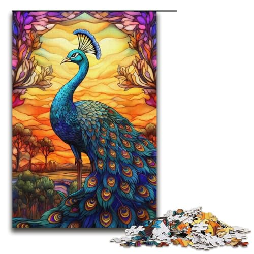 Puzzle für Erwachsene mit 1000 Teilen, Buntglas-Pfau, Denkspiel, Herausforderung für die Gehirnintelligenz, süchtig machendes Spielzeug, Größe 38 x 26 cm von LLONGKT