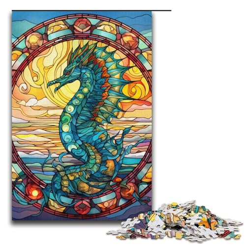Puzzle für Erwachsene mit 1000 Teilen, Buntglas-Seepferdchen, Denkspiel, Herausforderung für die Gehirnintelligenz, süchtig machendes Spielzeug, Größe 38 x 26 cm von LLONGKT