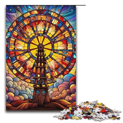 Puzzle für Erwachsene mit 1000 Teilen, Buntglas-Windmühle, Denkspiel, Herausforderung für die Gehirnintelligenz, süchtig machendes Spielzeug, Größe 38 x 26 cm von LLONGKT