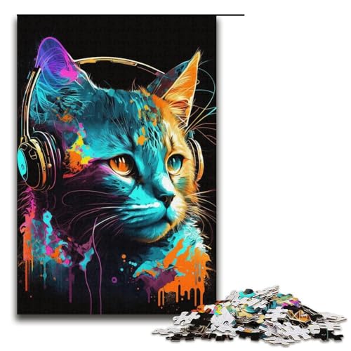 Puzzle für Erwachsene mit 1000 Teilen, Kopfhörer, Katzen-Puzzle, Kunstwerk, Analyse und Logik, geeignet für und Jugendliche ab 14 Jahren, Größe 38 x 26 cm von LLONGKT