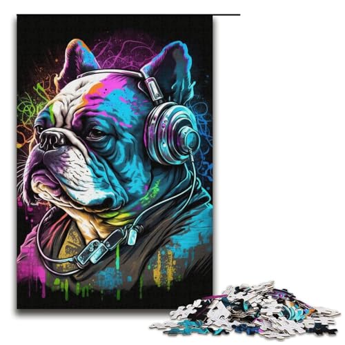 Puzzle für Erwachsene mit 1000 Teilen, Kopfhörer-Bulldogge, schwieriges Puzzle, ganze Familie, Größe 38 x 26 cm von LLONGKT