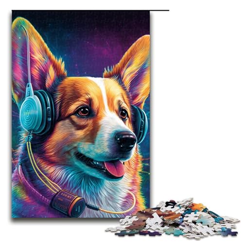 Puzzle für Erwachsene mit 1000 Teilen, Kopfhörer-Corgi-Puzzle, Denksportaufgabe, ganze Familie, Größe 50 x 75 cm von LLONGKT