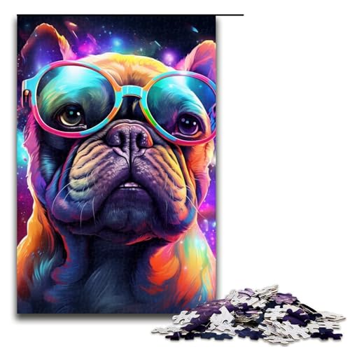 Puzzle für Erwachsene mit 1000 Teilen, Neonbrillen-Bulldoggen-Puzzle, Denkspiel, anspruchsvoll, Aber unterhaltsam und humorvoll, Größe 50 x 75 cm von LLONGKT