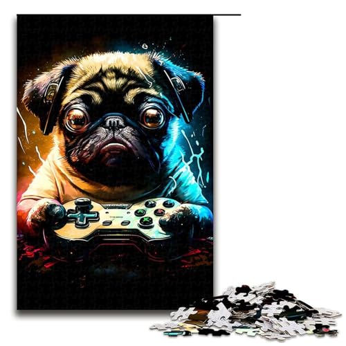 Puzzle für Erwachsene mit 1000 Teilen, Pug Play-Konsolenspiel, Denkspiel, anspruchsvoll, Aber unterhaltsam und humorvoll, Größe 50 x 75 cm von LLONGKT