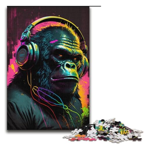 Puzzle für Erwachsene und Jugendliche, 1000 Teile, Kopfhörer-Gorilla-Puzzle, Kartonpuzzle, Heimdekoration, Größe 38 x 26 cm von LLONGKT