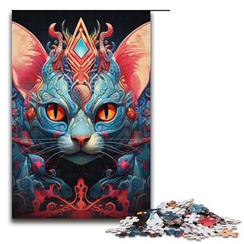 Puzzle mit 1000 Teilen, buntes psychedelisches Katzen-Puzzle für Erwachsene, Papppuzzle, tolles Geschenk für Erwachsene, Größe 38 x 26 cm von LLONGKT