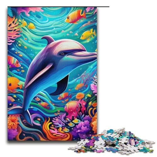 Puzzle mit 1000 Teilen für Erwachsene, Bunte Delfine, Quizspiel, Stressabbau, schwierige Herausforderung, Größe 38 x 26 cm von LLONGKT