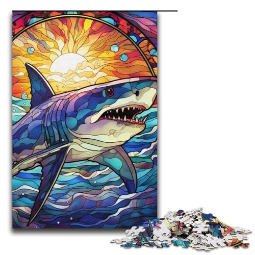 Puzzle mit 1000 Teilen für Erwachsene, Buntglas-Hai, Denkspiel, Stressabbau, Urlaub zu Hause, Zeit totschlagen, Größe 38 x 26 cm von LLONGKT