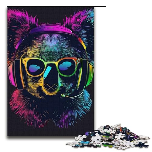 Puzzle mit 1000 Teilen für Erwachsene, Koala mit Kopfhörern und Sonnenbrille, Quizspiel zum Stressabbau, schwierige Herausforderung, Größe 38 x 26 cm von LLONGKT