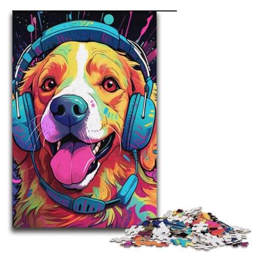 Puzzle mit 1000 Teilen für Erwachsene, Kopfhörer, Hund, Puzzle, Denksportaufgabe, herausfordernd, Aber lustig und humorvoll, Größe 38 x 26 cm von LLONGKT
