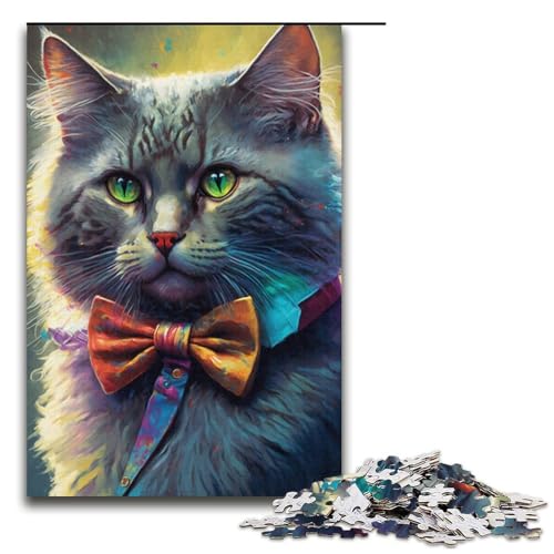 Puzzle mit 1000 Teilen für Erwachsene, Puzzle „Katze mit Schleife“, Quizspiel, anspruchsvoll zu vervollständigen, Aber lustig und humorvoll, Größe 38 x 26 cm von LLONGKT