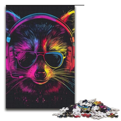 Puzzle mit 1000 Teilen für Erwachsene, Puzzle „Waschbär mit Kopfhörern“, Quizspiel, anspruchsvoll zu vervollständigen, Aber lustig und humorvoll, Größe 38 x 26 cm von LLONGKT