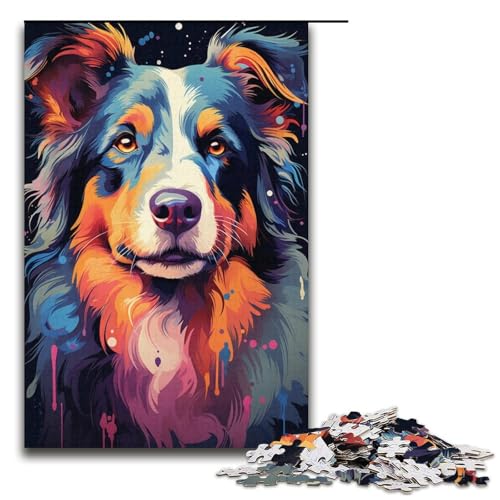 Puzzle mit 1000 Teilen für Erwachsene, farbenfrohes psychedelisches Border Collie-Puzzle, Quizspiel, Geburtstagsgeschenk, Geschenke, Wandkunst (Größe 38 x 26 cm) von LLONGKT