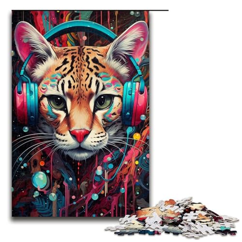 Puzzles mit 1000 Teilen für Teenager, Kopfhörer, Ozelot-Puzzle für Erwachsene, Holzpuzzle, Lernspiele für Erwachsene, Größe 50 x 75 cm von LLONGKT