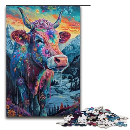 Sigpsychedelic Kuh in den Bergen Puzzle 1000 Teile für Erwachsene – Herausforderndes Spiel, lustiges Geschenk (Größe 50 x 75 cm) von LLONGKT