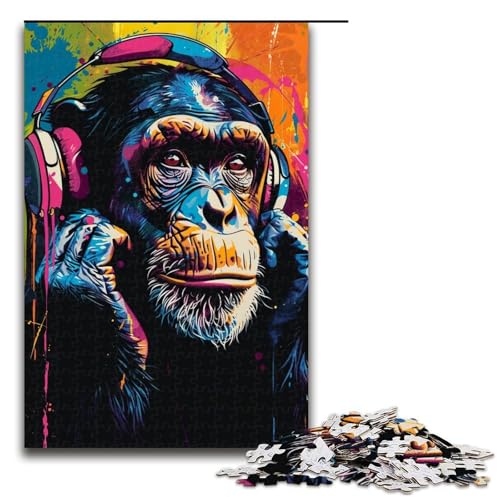 für Erwachsene, 1000 Teile, AFFE hört Musik, Puzzle für Erwachsene, Holzpuzzle, schwierig und herausfordernd (Größe 50 x 75 cm) von LLONGKT