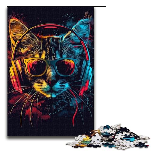 für Erwachsene, 1000 Teile, Katze mit Kopfhörern und Sonnenbrille, Puzzle für Erwachsene, Holzpuzzle, schwierig und herausfordernd (Größe 50 x 75 cm) von LLONGKT